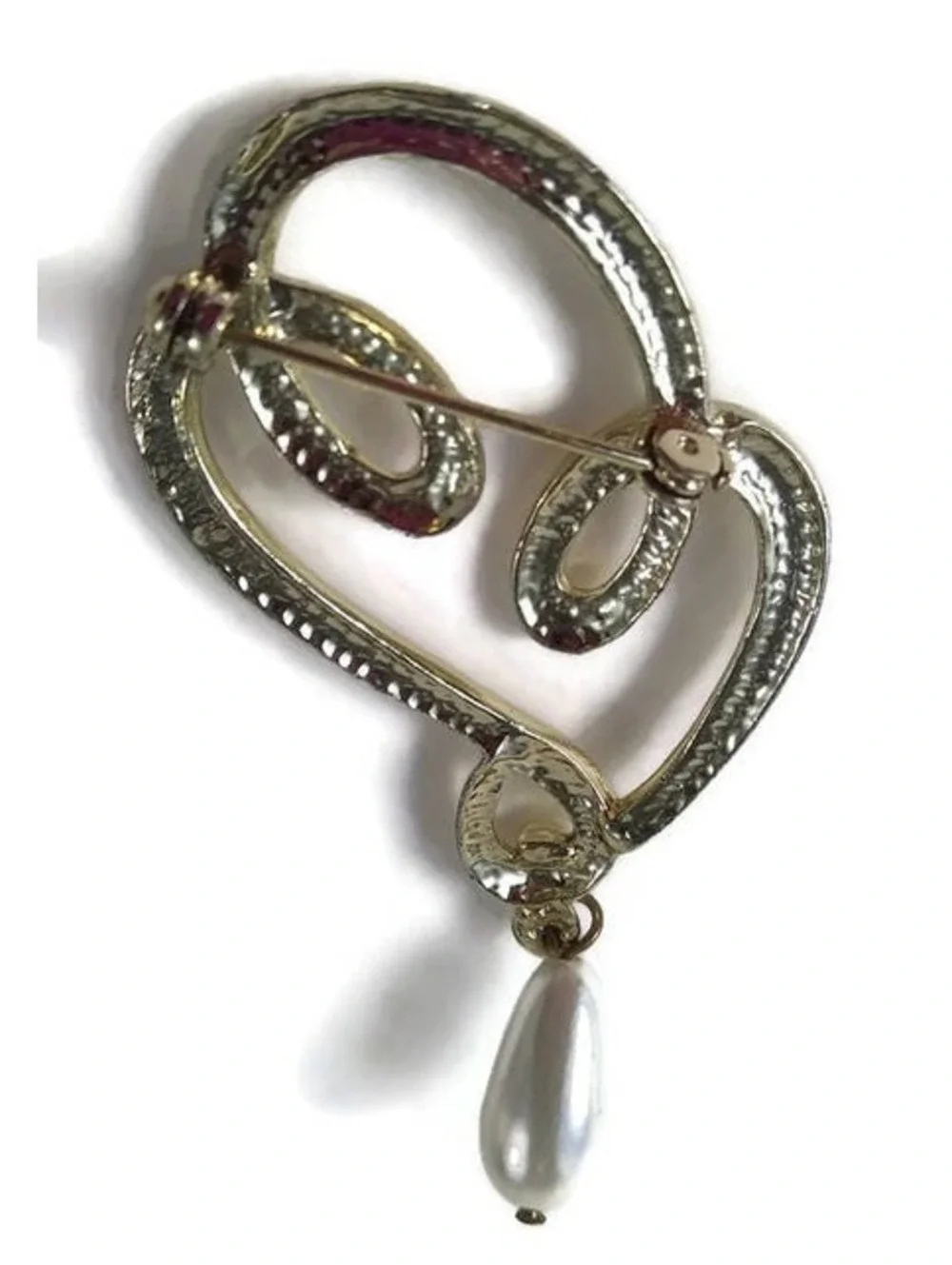 Vintage Gold Tone Swirl Abstract Brooch with Dangling Faux Teardrop Pearl.